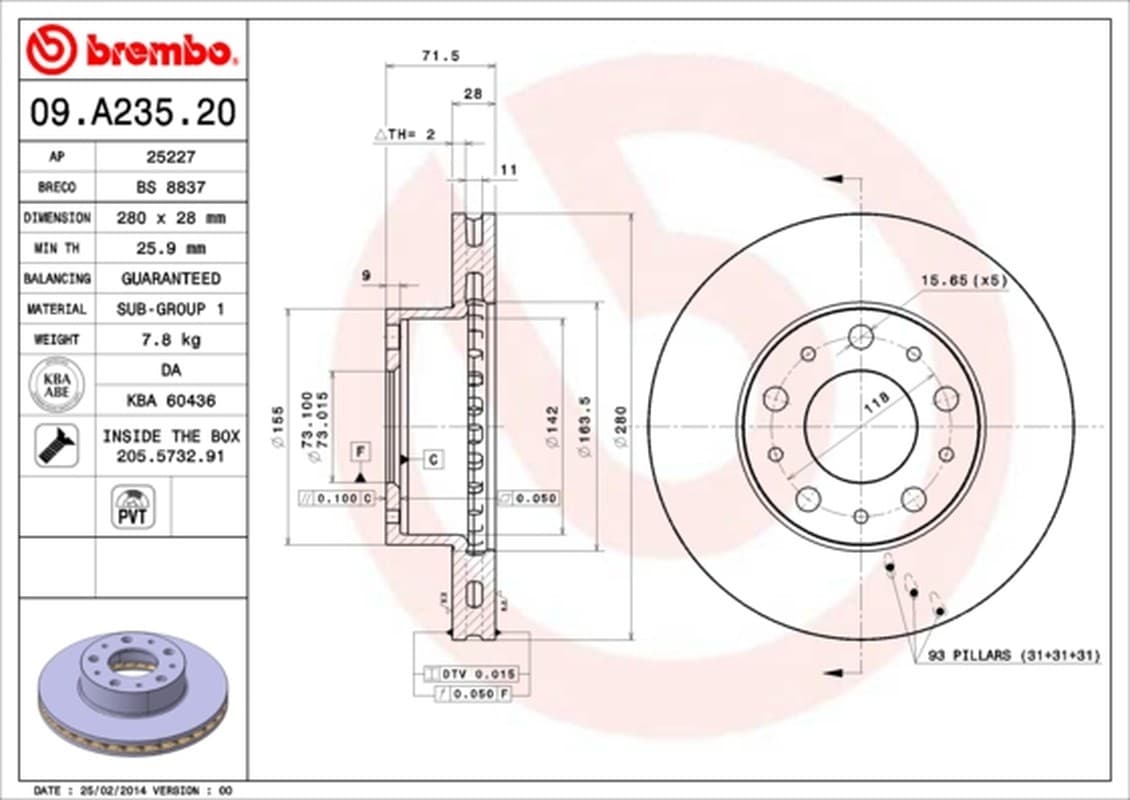 BREMBO disque de frein 09.A235.20 ventilé diamètre 280 épaisseur 28 mm 5 trous