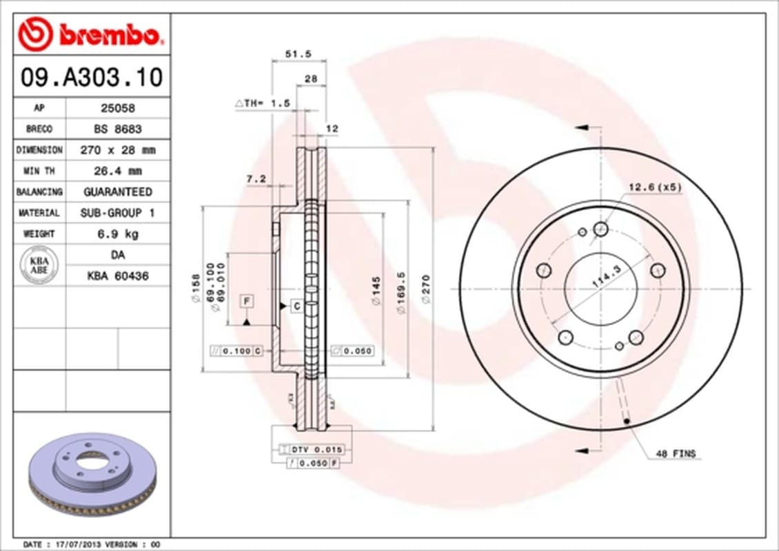 BREMBO disque de frein 09.A303.10 ventilé diamètre 270 épaisseur 28 mm 5 trous
