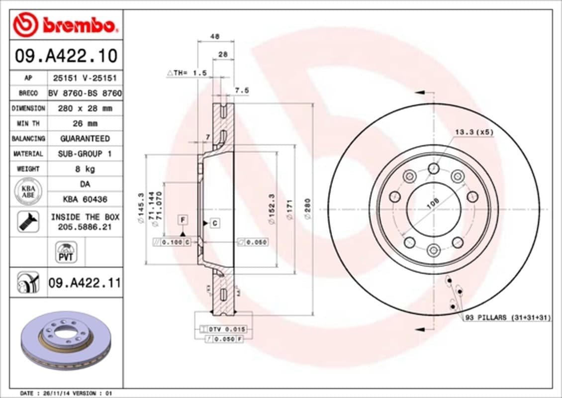 BREMBO Bremsscheibe 09.A422.10 belüftet Durchmesser 280 Stärke 28 mm 5 Bohrungen