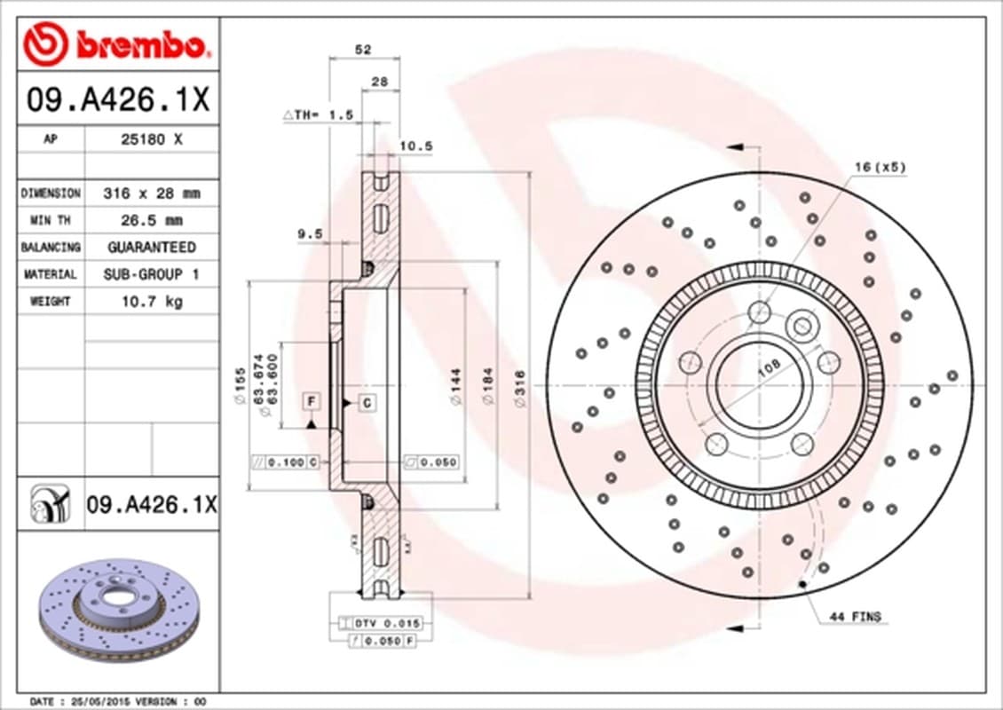 BREMBO Bremsscheibe 09.A426.1X belüftet Durchmesser 316 Stärke 28 mm 5 Bohrungen