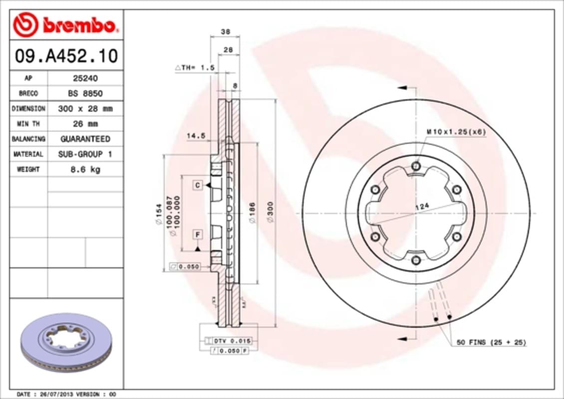 BREMBO Bremsscheibe 09.A452.10 belüftet Durchmesser 300 Stärke 28 mm 6 Bohrungen