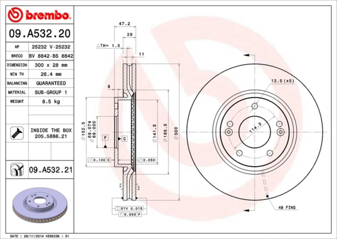 BREMBO disque de frein 09.A532.20 ventilé diamètre 300 épaisseur 28 mm 5 trous