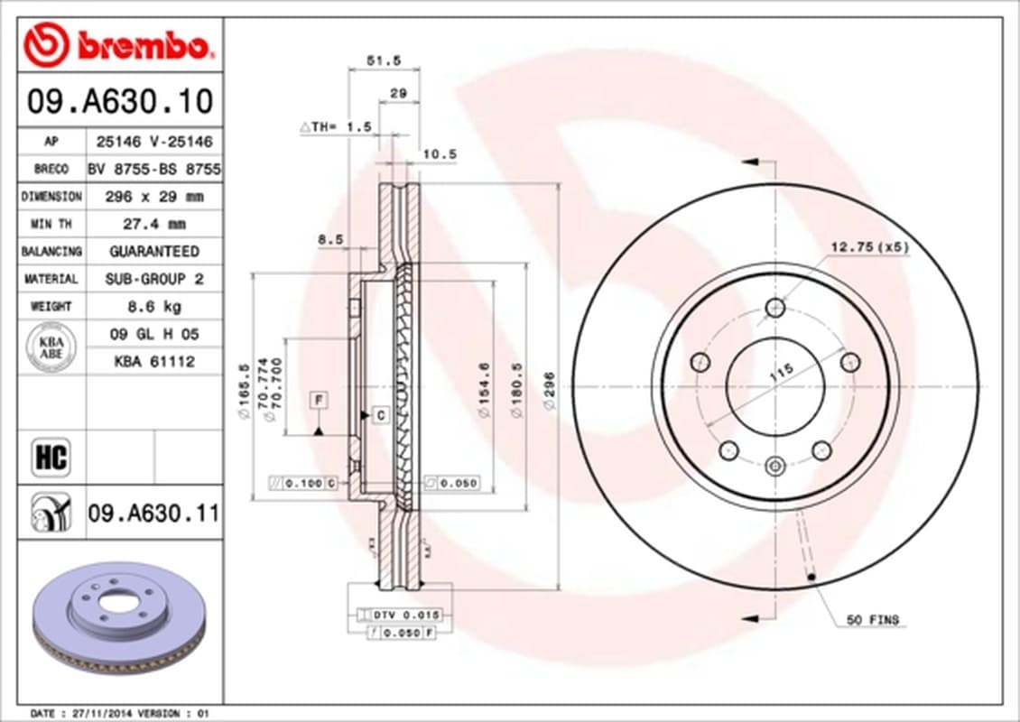 BREMBO disque de frein 09.A630.10 ventilé diamètre 296 épaisseur 29 mm 5 trous
