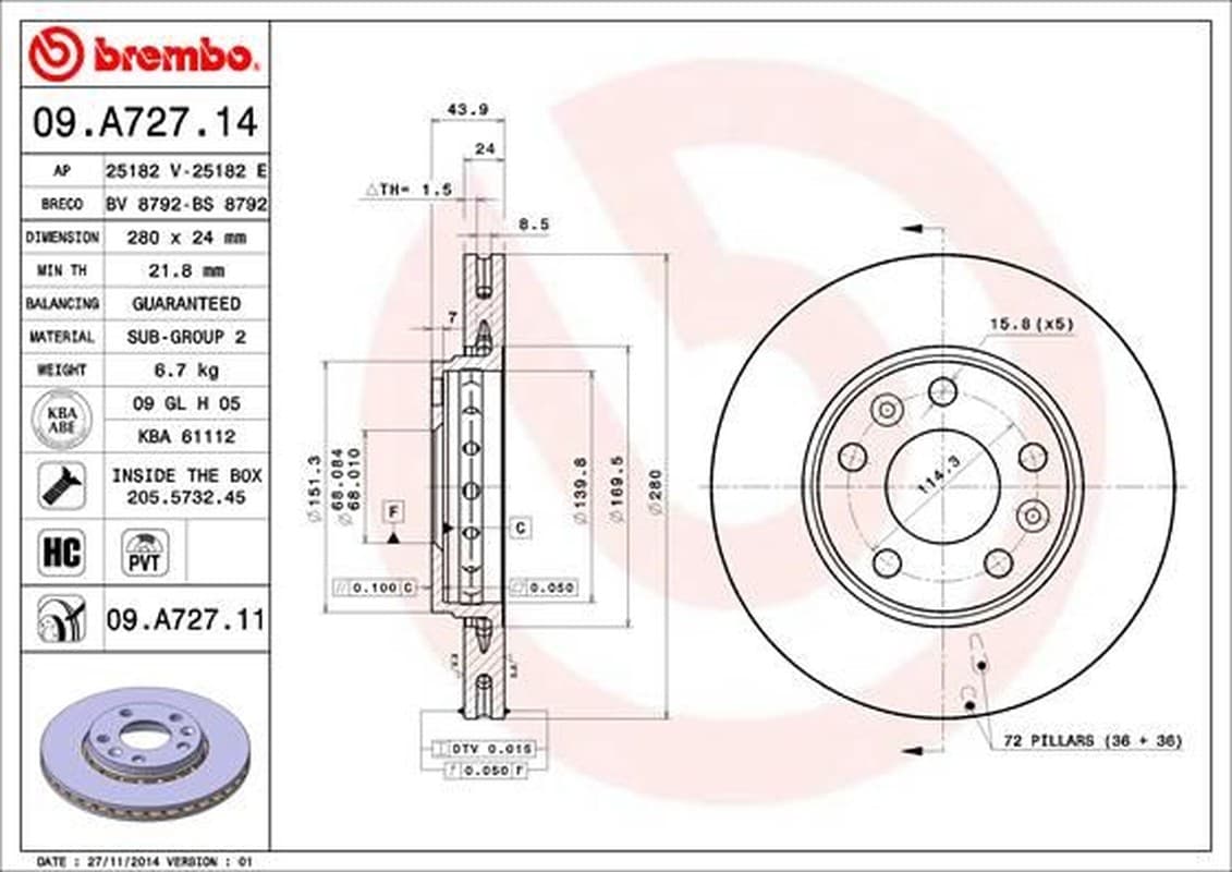 BREMBO Bremsscheibe 09.A727.11 belüftet Durchmesser 280 Stärke 24 mm 5 Bohrungen