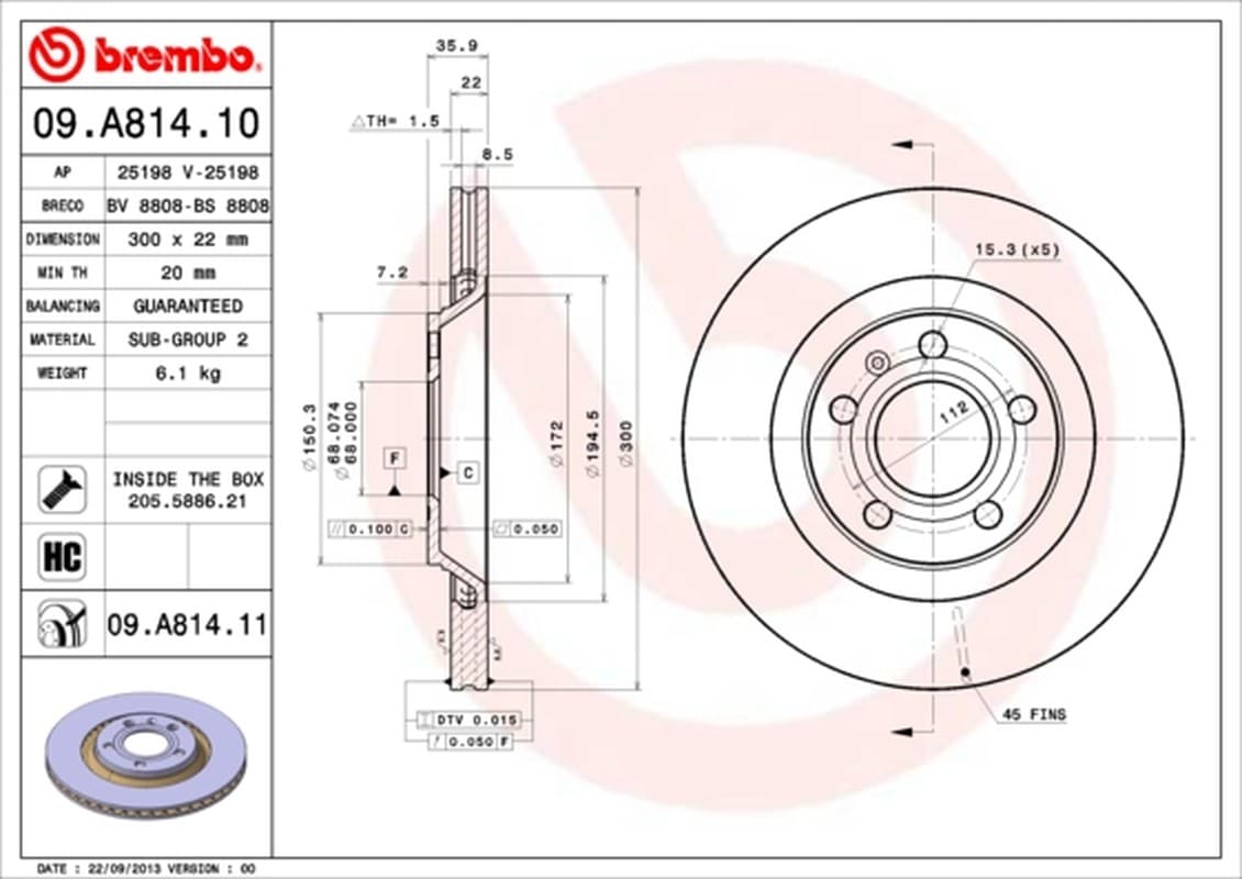 BREMBO Bremsscheibe 09.A814.11 belüftet Durchmesser 300 Stärke 22 mm 5 Bohrungen