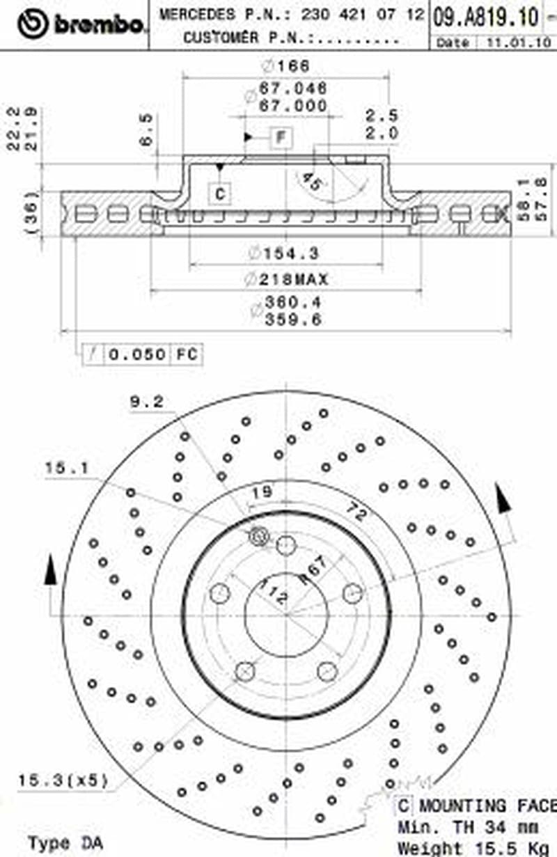 BREMBO disque de frein 09.A819.11 ventilé diamètre 360 épaisseur 36 mm 5 trous