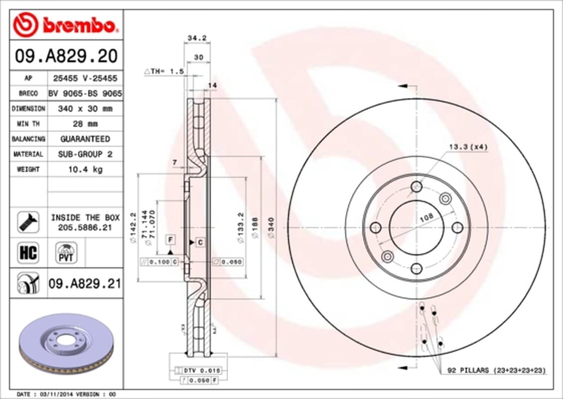 BREMBO Bremsscheibe 09.A829.21 belüftet Durchmesser 340 Stärke 30 mm 4 Bohrungen