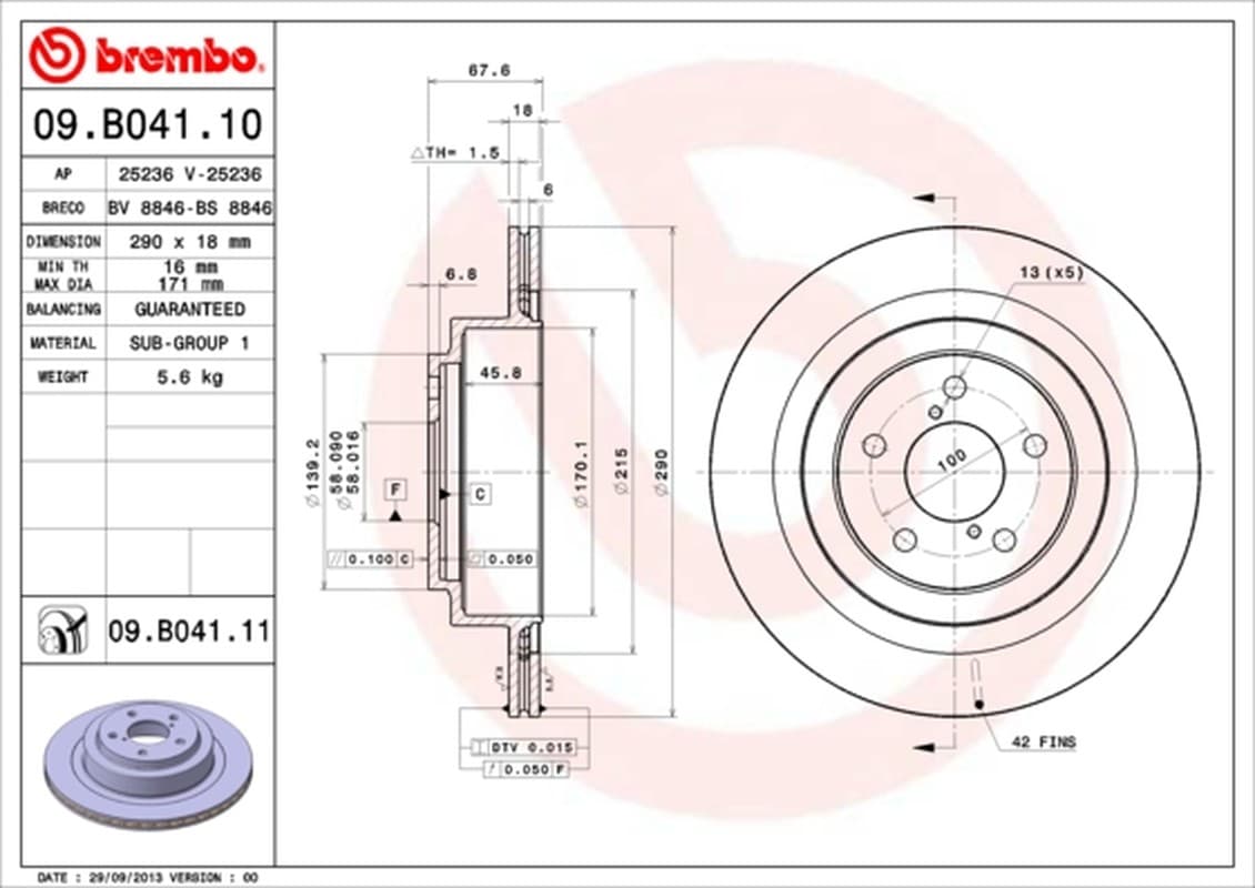 BREMBO Bremsscheibe 09.B041.10 belüftet Durchmesser 290 Stärke 18 mm 5 Bohrungen