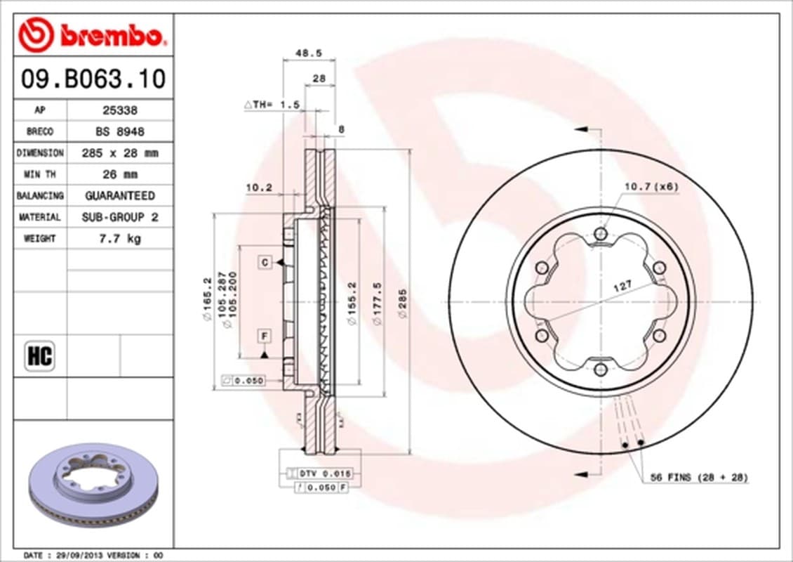 BREMBO disque de frein 09.B063.10 ventilé diamètre 285 épaisseur 28 mm 6 trous