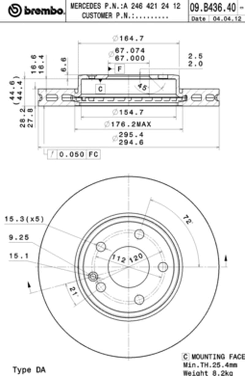 BREMBO disque de frein 09.B436.41 ventilé diamètre 295 épaisseur 28 mm 5 trous