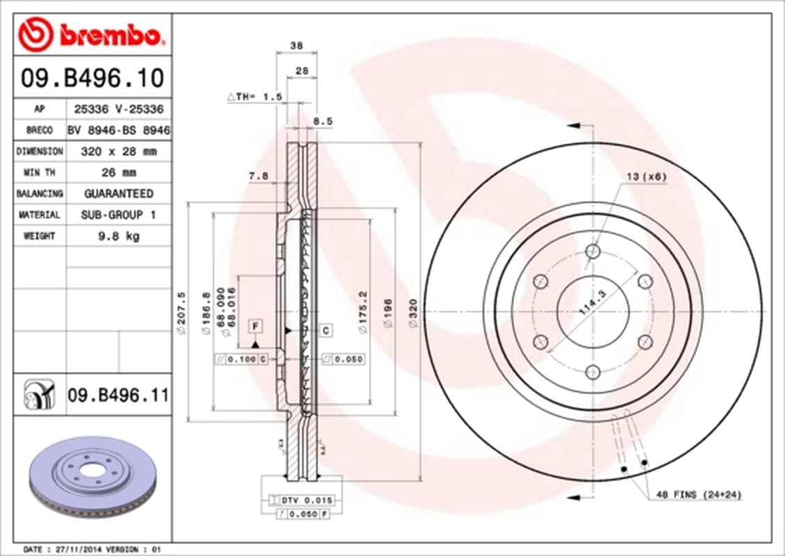 BREMBO disque de frein 09.B496.10 ventilé diamètre 320 épaisseur 28 mm 6 trous