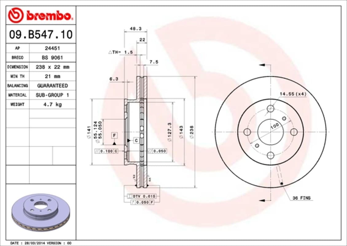 BREMBO Bremsscheibe 09.B547.10 belüftet Durchmesser 238 Stärke 22 mm 4 Bohrungen