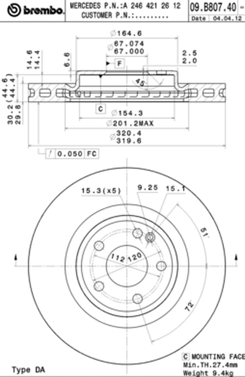BREMBO disque de frein 09.B807.41 ventilé diamètre 320 épaisseur 30 mm 5 trous