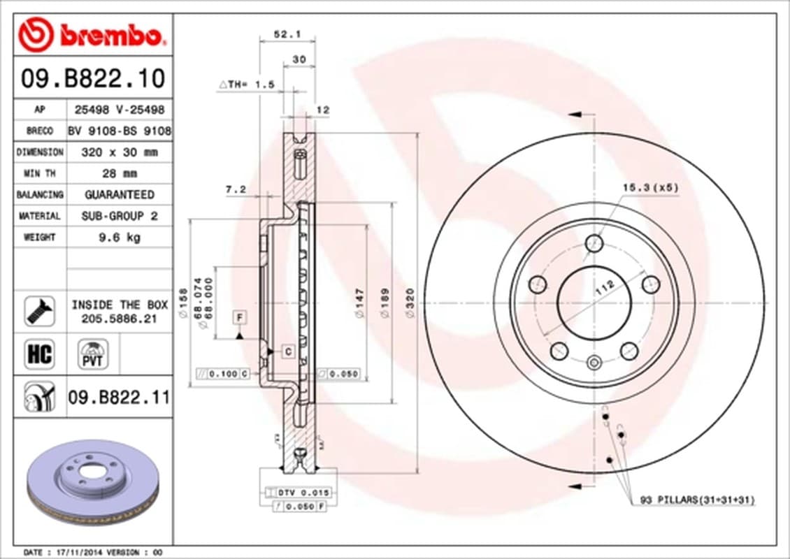 BREMBO Bremsscheibe 09.B822.11 belüftet Durchmesser 320 Stärke 30 mm 5 Bohrungen