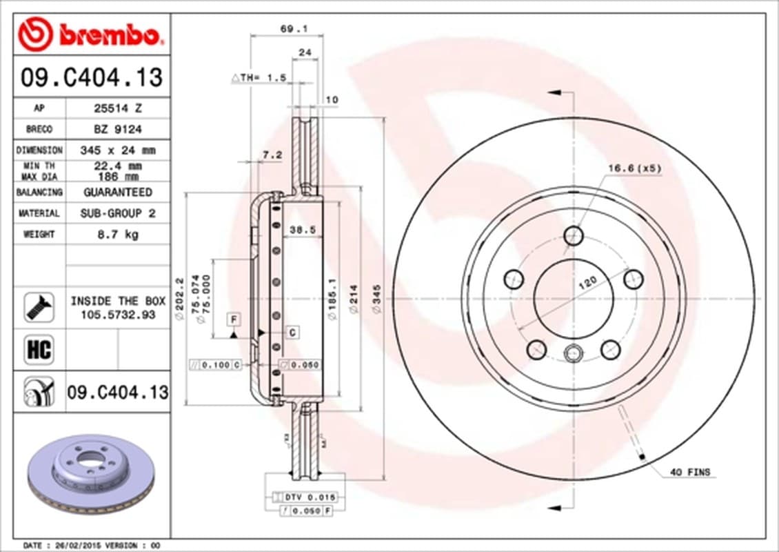 BREMBO disque de frein 09.C404.13 en deux parties diamètre 345 épaisseur 24 mm 5 trous