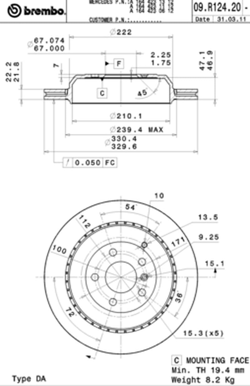 BREMBO disque de frein 09.R124.21 ventilé diamètre 330 épaisseur 22 mm 5 trous