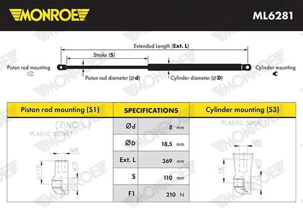 MONROE ML6281 vérin de capot moteur longueur 369 mm force d'éjection 210 N course 110 mm