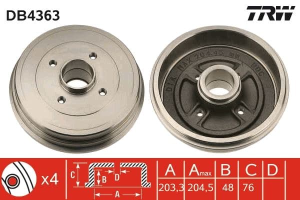 TRW DB4363 Tambour de frein 203,3 mm 4 trous entraxe 100 mm