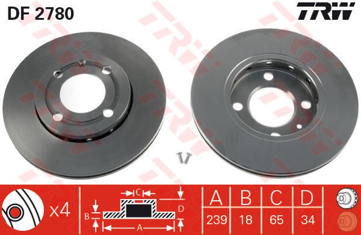 TRW disque de frein DF2780 ventilé diamètre 239 épaisseur 18 mm 4 trous