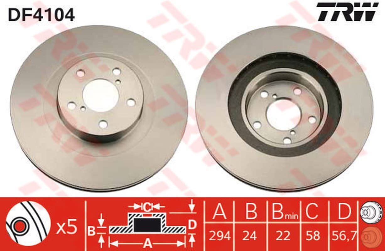 TRW disque de frein DF4104 ventilé diamètre 294 épaisseur 24 mm 5 trous
