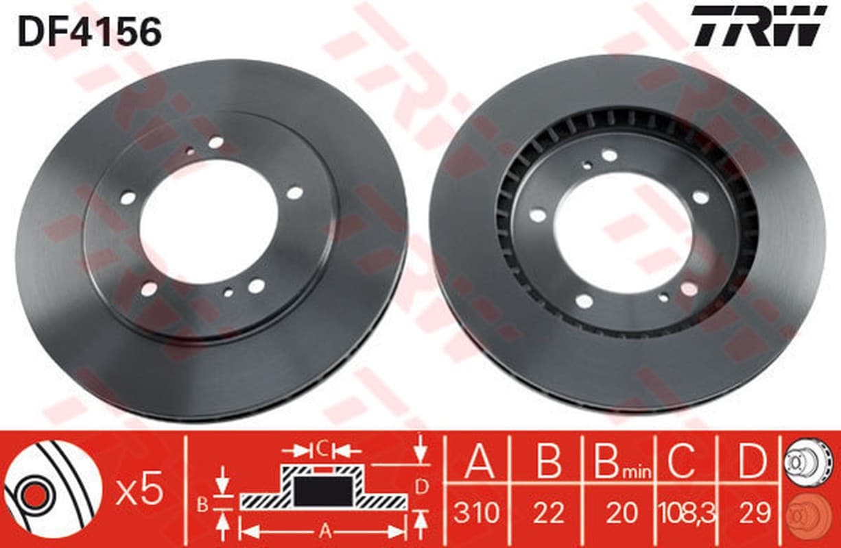 TRW disque de frein DF4156 ventilé diamètre 310 épaisseur 22 mm 5 trous
