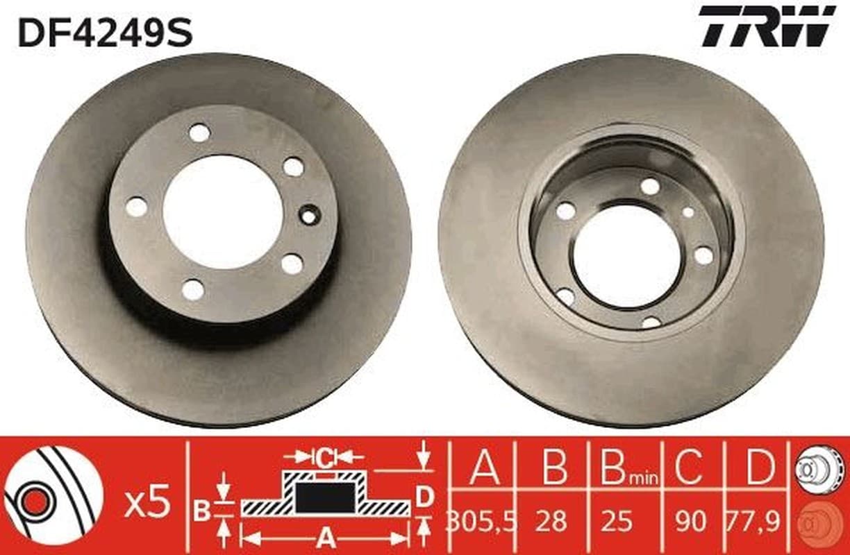 TRW disque de frein DF4249S ventilé diamètre 305,5 épaisseur 28 mm 5 trous