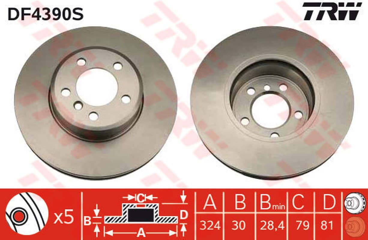 TRW Bremsscheibe DF4390S belüftet Durchmesser 324 Stärke 30 mm 5 Bohrungen