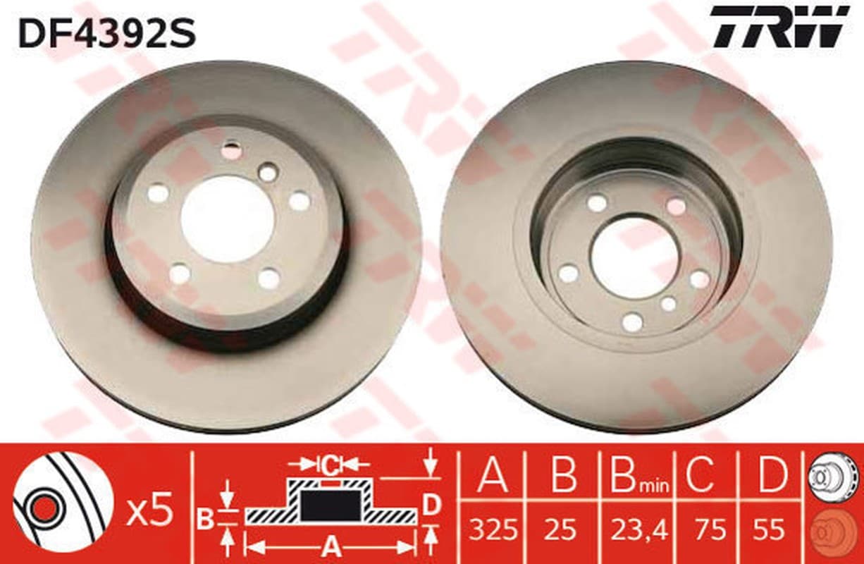 TRW Bremsscheibe DF4392S belüftet Durchmesser 325 Stärke 25 mm 5 Bohrungen