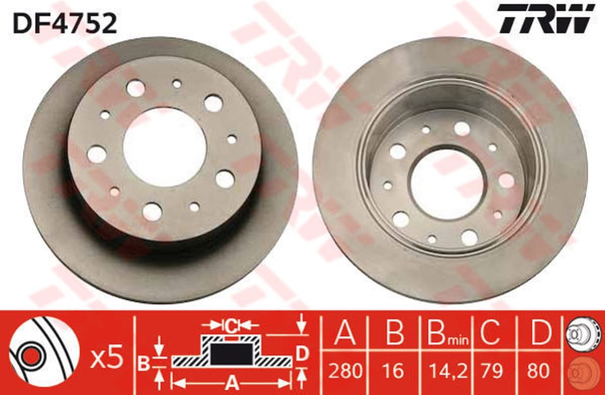 TRW disque de frein DF4752 plein diamètre 280 épaisseur 16 mm 5 trous