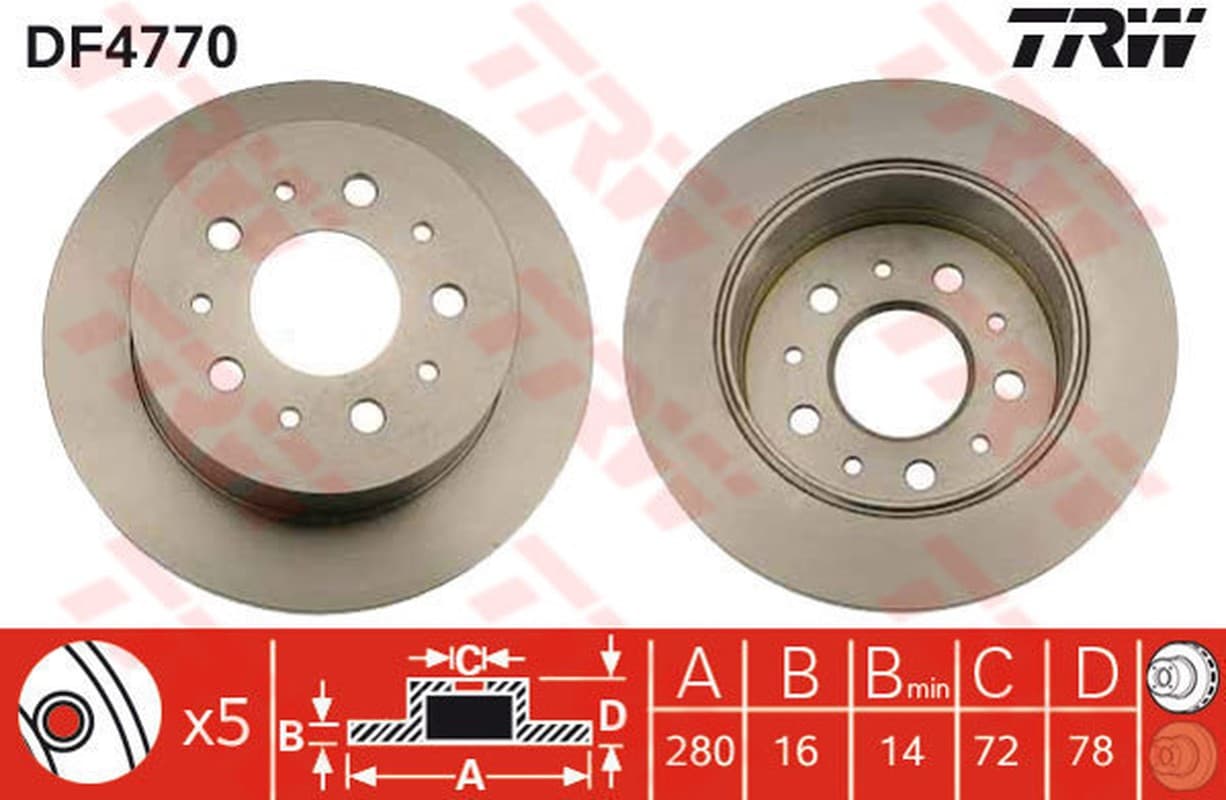 TRW disque de frein DF4770 plein diamètre 280 épaisseur 16 mm 5 trous