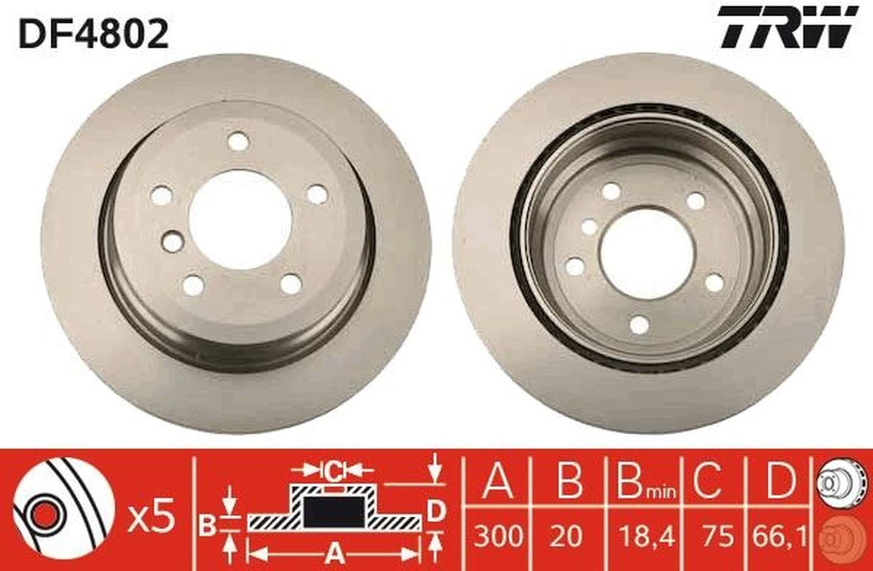 TRW disque de frein DF4802 ventilé diamètre 300 épaisseur 20 mm 5 trous