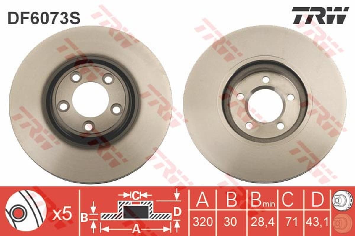 TRW Bremsscheibe DF6073S belüftet Durchmesser 320 Stärke 30 mm 5 Bohrungen