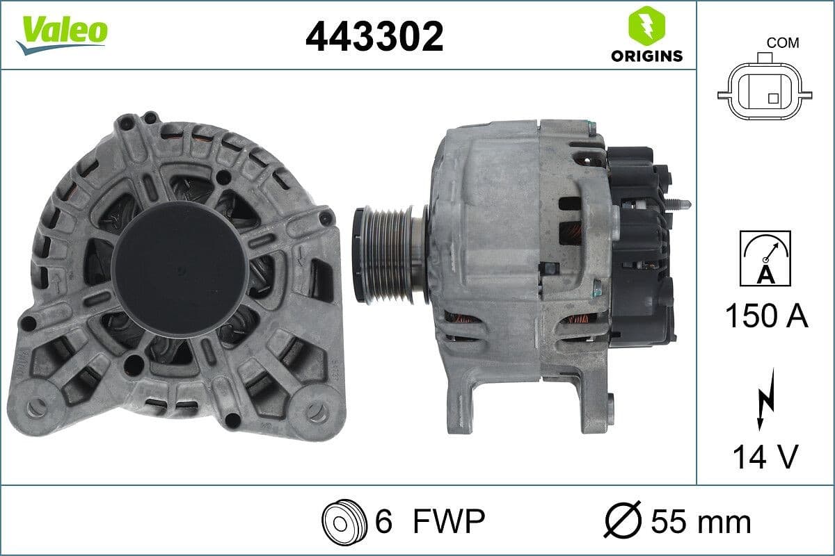 VALEO 443302 Lichtmaschine 14 V 150 A Durchmesser 55 mm 6 Rippen mit Freilaufriemenscheibe