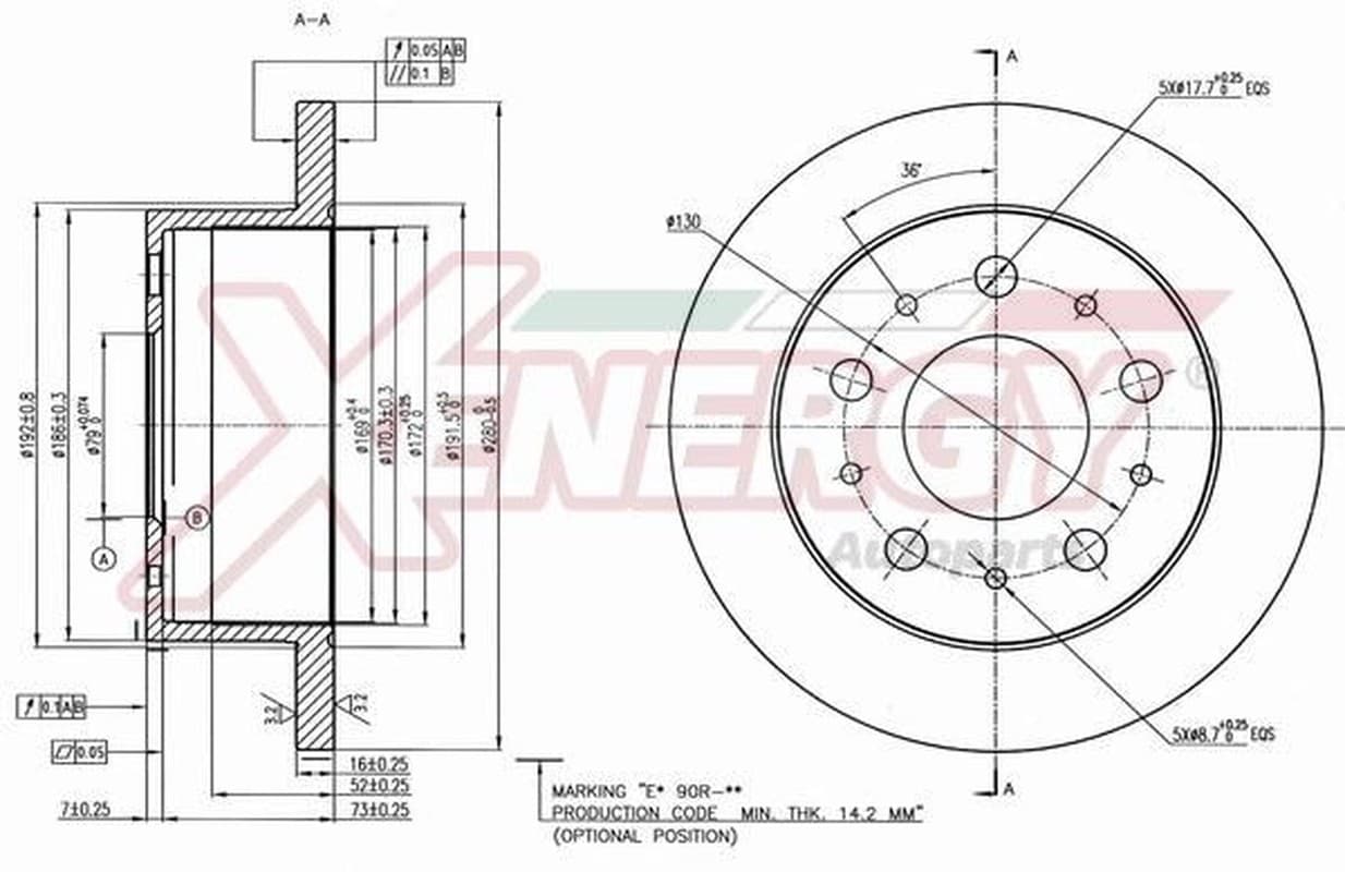 AP XENERGY disque de frein X601166 plein diamètre 280 épaisseur 16 mm 5 trous
