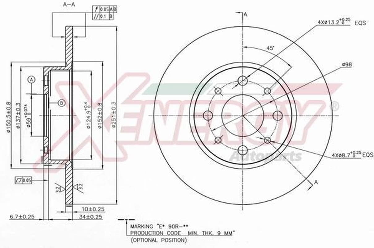 AP XENERGY disque de frein X601471 plein diamètre 251 épaisseur 10 mm 4 trous