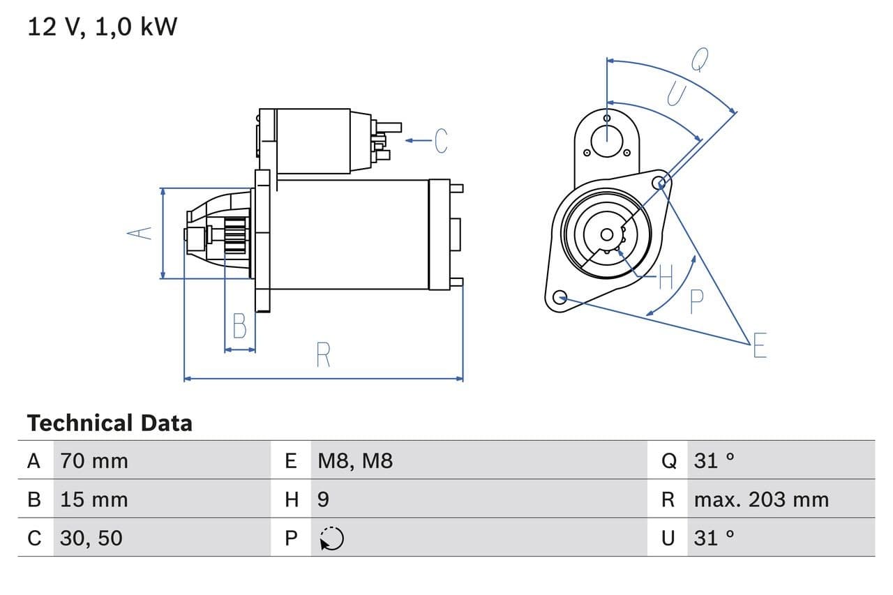 BOSCH 0986019940 démarreur pour système de démarrage moteur 12 V 1 kW 9 dents rotation horaire bride 70 mm