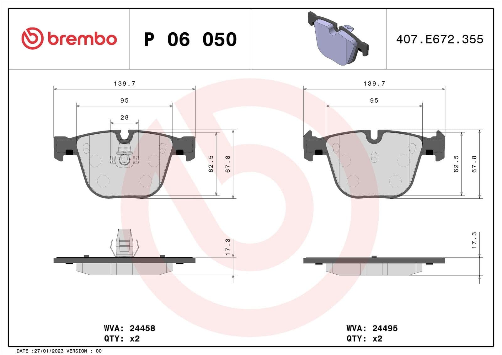 BREMBO plaquettes de frein P06050 139,7x67,8 épaisseur 17,1 mm prévu témoin