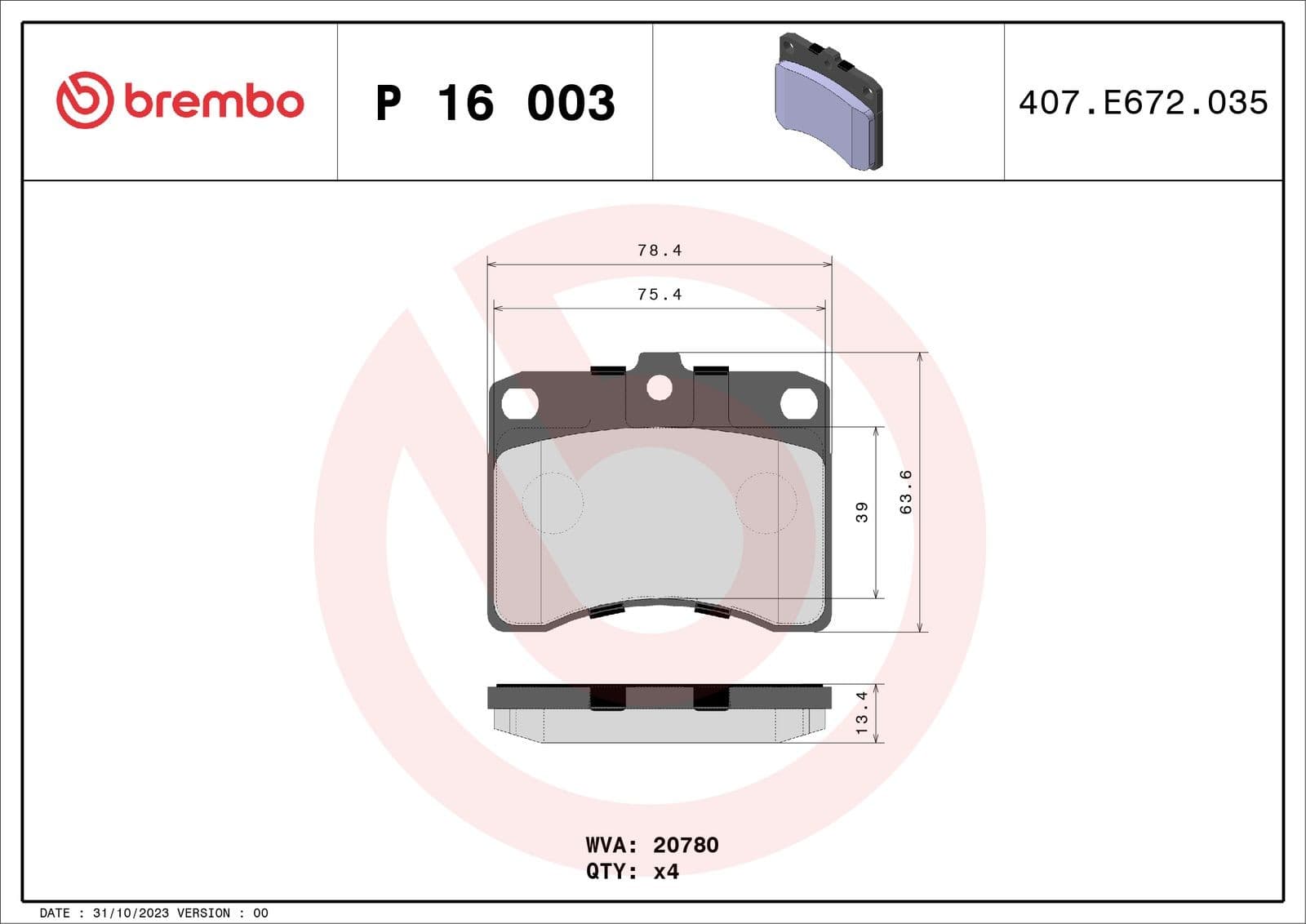 BREMBO Bremsbeläge P16003 78,7x63,5 Stärke 13,4 mm