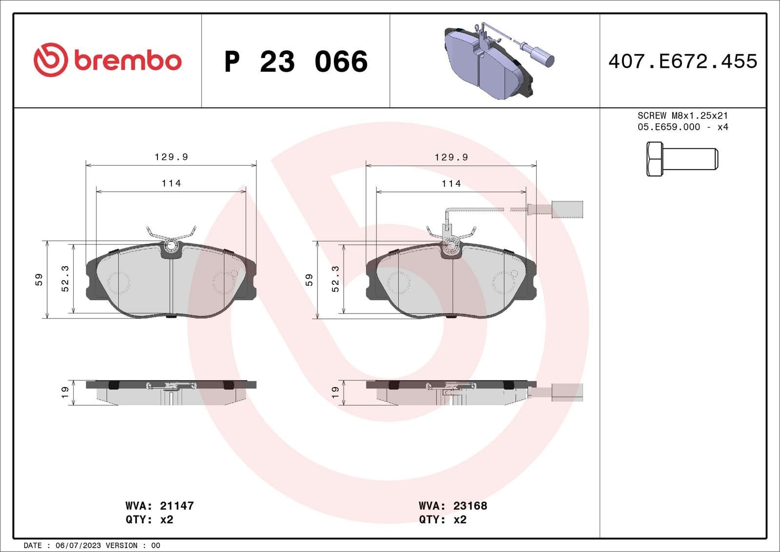BREMBO Bremsbeläge P23066 130,1x58,7 Stärke 19,3 mm mit Warnkontakt