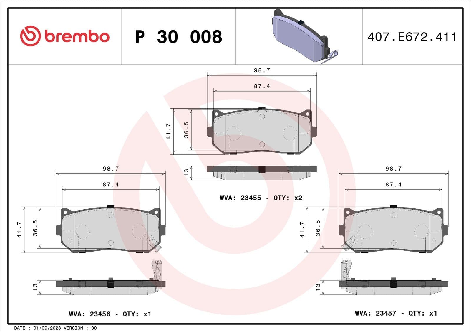BREMBO plaquettes de frein P30008 98,7x41,6 épaisseur 13 mm avec témoin sonore