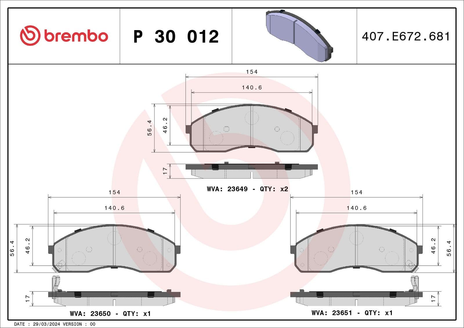 BREMBO Bremsbeläge P30012 154,2x56,2 Stärke 16,2 mm mit akustischer Warnung