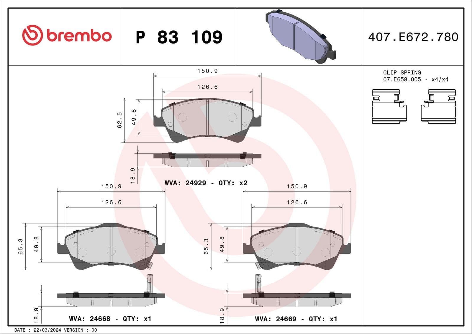 BREMBO Bremsbeläge P83109 151x65,3 Stärke 18,9 mm mit akustischer Warnung