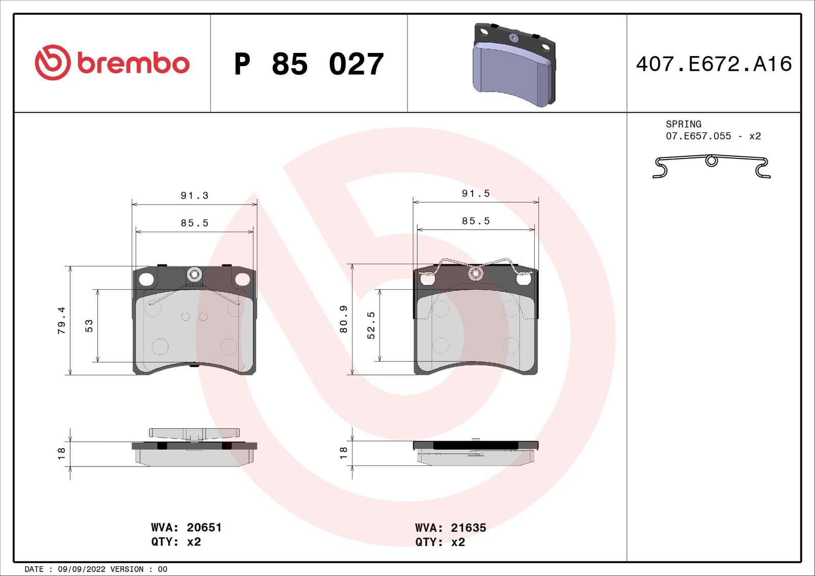 BREMBO Bremsbeläge P85027 91,8x80 Stärke 18,2 mm für Auto-Bremsanlage