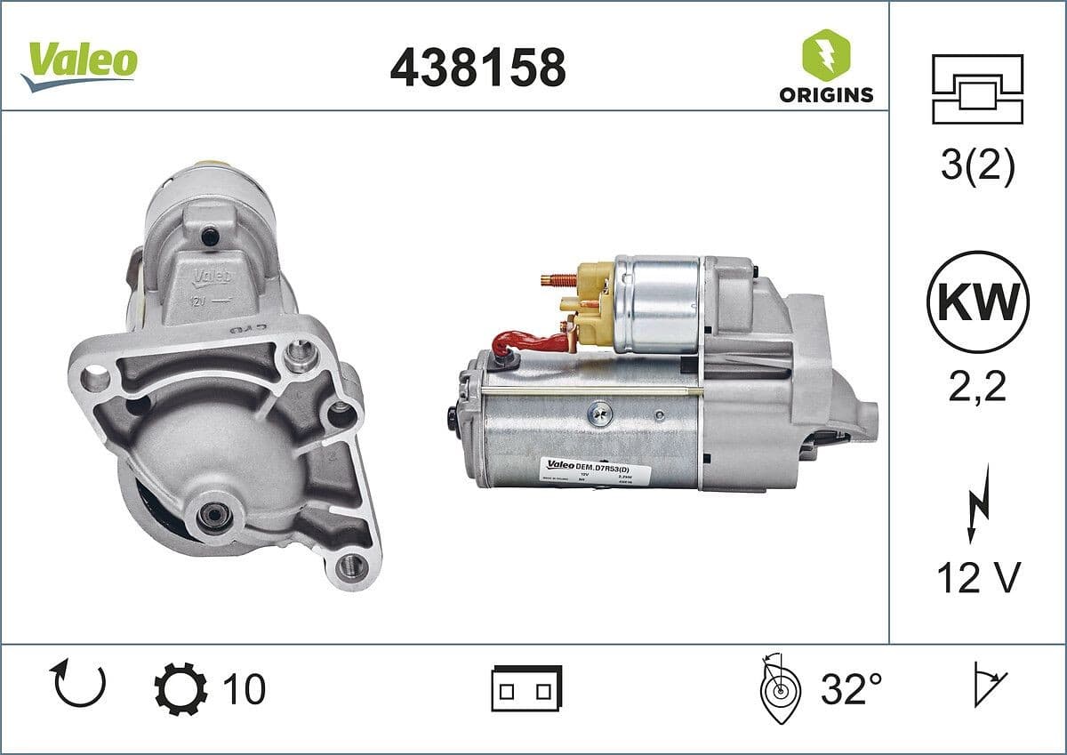 VALEO 438158 démarreur pour système de démarrage moteur 12 V 2,2 kW 10 dents rotation horaire