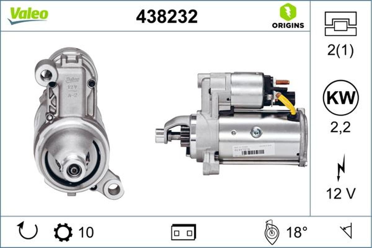 VALEO 438232 Anlasser für das Motorstartsystem 12 V 2,2 kW 10 Zähne rechtsdrehend