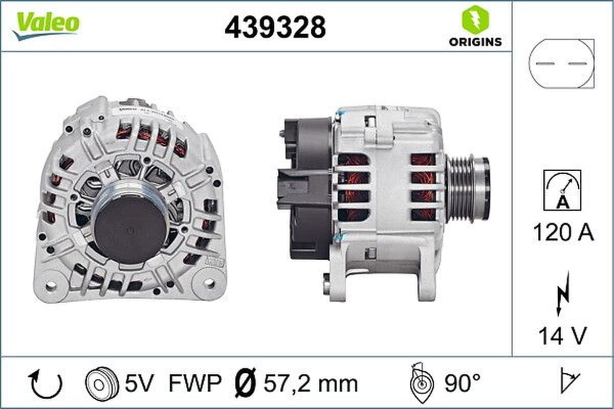VALEO 439328 Lichtmaschine für Fahrzeugelektrik 14 V 120 A mit Riemenscheibe 5 Rippen