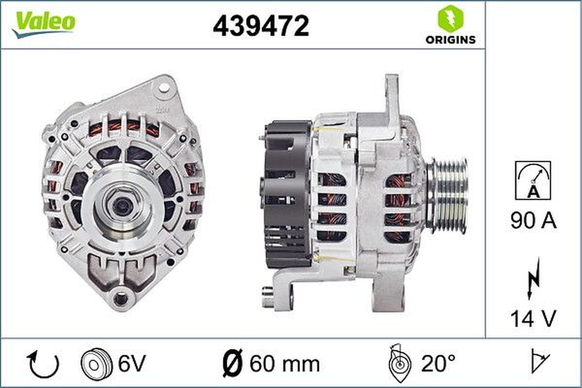 VALEO 439472 alternateur pour circuit électrique 14 V 90 A avec poulie 6 nervures