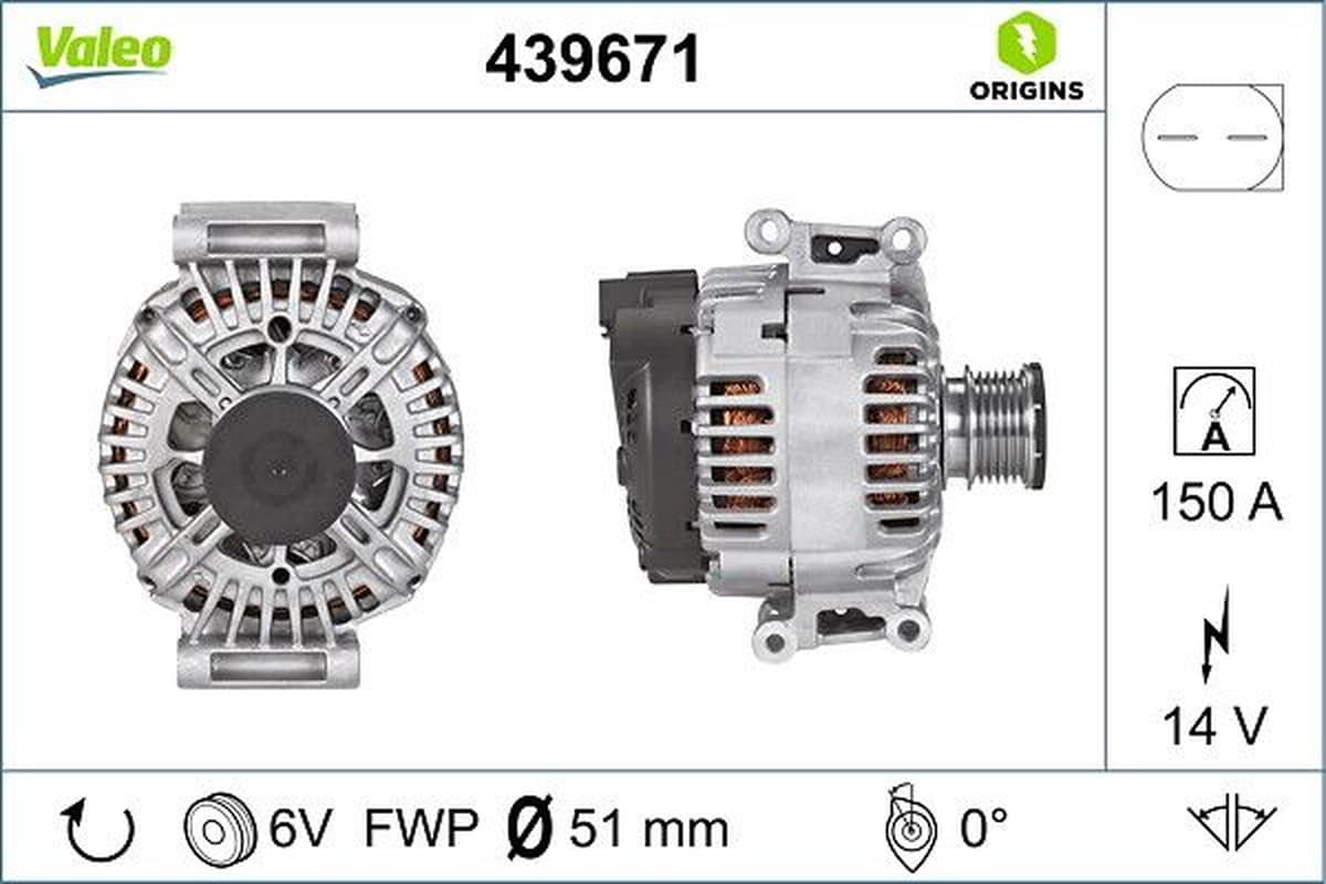 VALEO 439671 Lichtmaschine für Fahrzeugelektrik 14 V 150 A mit Riemenscheibe 6 Rippen
