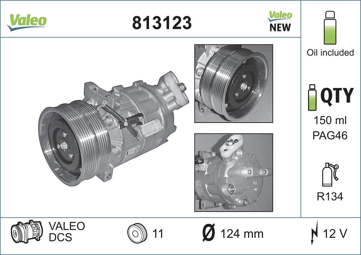 VALEO 813123 Compresseur climatisation DCS R134a diamètre 124 mm 11 gorges