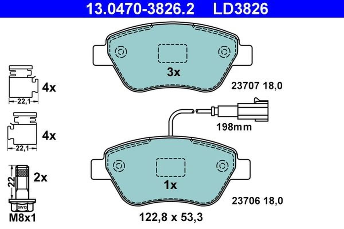 ATE plaquettes de frein 13.0470-3826.2 122,8x53,3 épaisseur 18 mm avec témoin